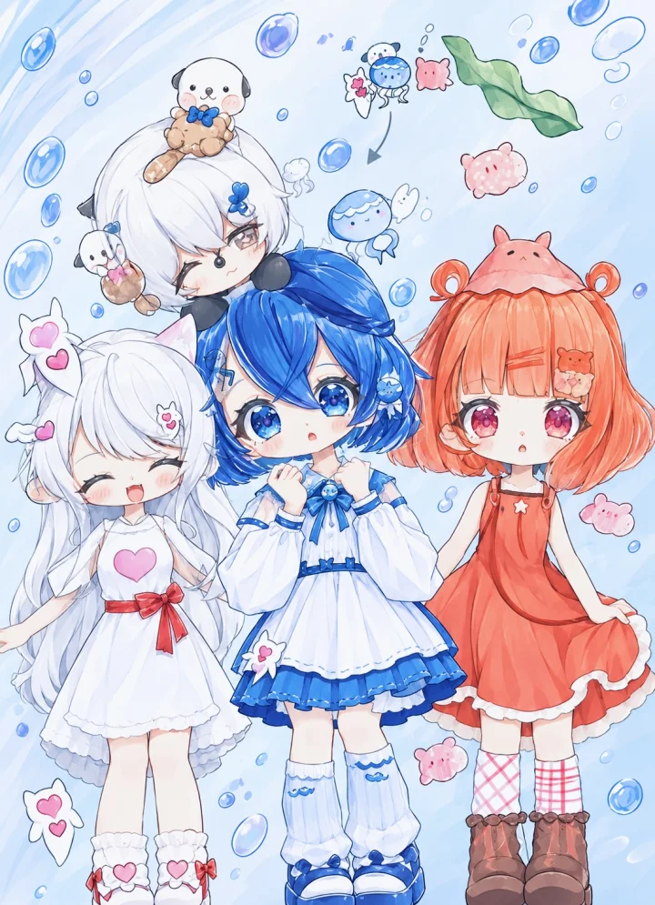 青い海と、かわいいアニメのおともだち
